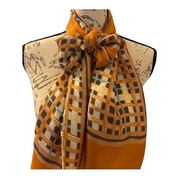 JACQUES PIAGET vintage scarf,circa 1960s, gold, brown and orange geometric print - Picture 3 of 4